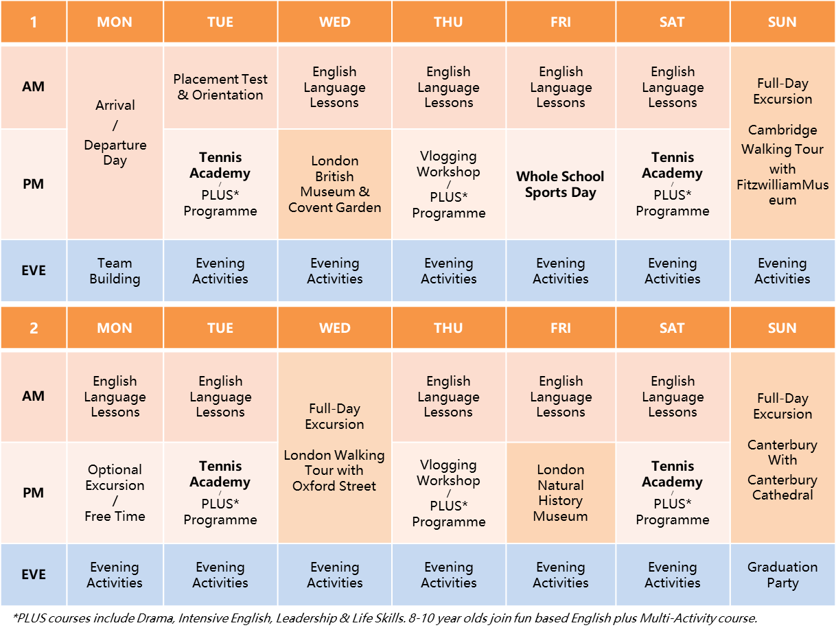 English Plus Tennis Timetable